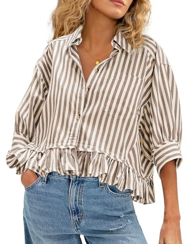 CHYRII Womens Summer Tops Dressy Casual Blouse Top Ruffled Short Sleeve Button Down Striped Shirt Tan L