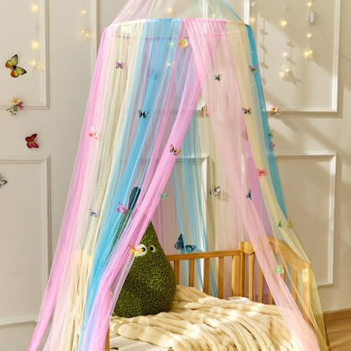Wnqou Rainbow Bed Canopy with Butterflies for Girls,Breathable Canopy Bed Curtain for Bed,Princess Play Tent for Kids Room Reading Nook