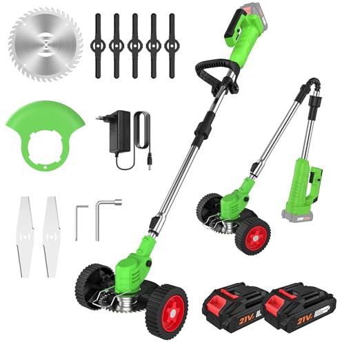 Desbrozadora Bateria, 21V Desbrozadora Electrica con 2 Baterías, 3 Tipos de Cuchillas y Ruedas Desmontables, Diseños de Seguridad Múltiples, Ligero y Plegable, para Recortar Césped y Arbustos