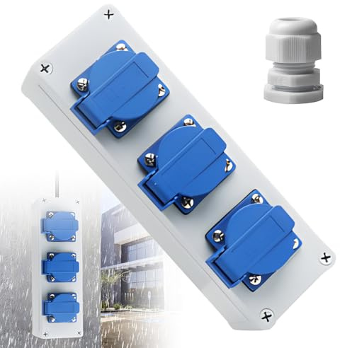 GOEDCH Distribuidor de enchufes 230V: distribuidor de pared de 3 vías, unidad de distribución de corriente, IP44, impermeable, distribuidor de corriente para obras 16A con 3 enchufes Schuko 230V para