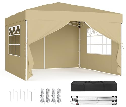 SONGMICS Gazebo, Tendone Pieghevole, Protezione Solare, Resistente alla Pioggia Leggera, Portatile, con Pareti Laterali, per Cortile, Giardino, Mercato, 3 x 3 m, Beige GCT104LZ01