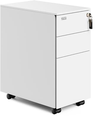 Yaasa File Cabinet Edged Kompakt Weiß, Rollcontainer mit 3 Schubladen, Büro | 80L Stauvolumen, Rollcontainer aus Stahl, Zentralschloss für 3 Laden mit zwei Schlüsseln, feststellbare Räder, Stifteeinsatz
