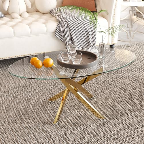 GOLDFAN Ovaler Couchtisch aus Glas mit goldfarbenen gekreuzten Beinen, moderner klarer Mitteltisch aus gehärtetem Glas für Wohnzimmer, Büro, Wohnung oder Lounge