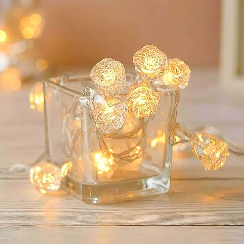 HHMTAKA Indoor Crystal Rose String Fairy Lights Battery Operated 40 Warm White LED 6M Flower Fairy String Lights Blossom Lights for Indoors,Bedroom,Christmas Decoration