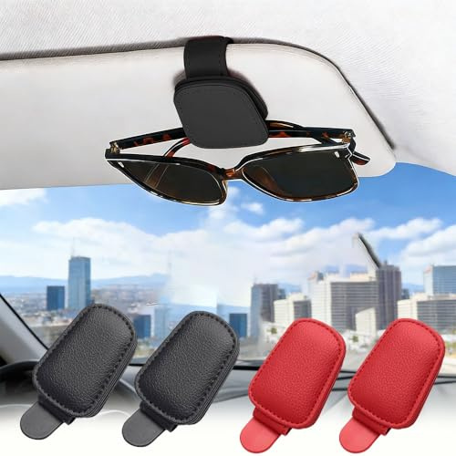 XFSRG 4 Stück Brillenhalter für Auto Sonnenblende Magnetische Brillenhalterung Auto Leder Ticket-Kartenclip Brillenclip Zubehör Geeignet für Fahrer (Schwarz + Rot)