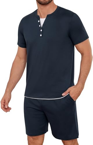 Jahetuul Pijama Hombre de Algodón Conjunto de Pijama Corto de Verano con Cuello en V y Botones Decorativos con Pantalón Corto Liso y Bolsillos