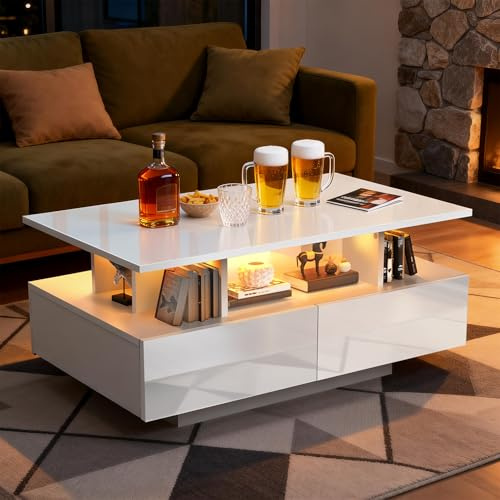 Oyajia Couchtisch Weiß, Wohnzimmertisch Hochglanz mit 5v-USB-LED-Lichtleiste Beleuchtung Modern, Sofatisch, Beistelltisch Weiss mit Offenem Ausstellungsregal und 4 Ausziehbaren Schubladen 90x55x41 cm