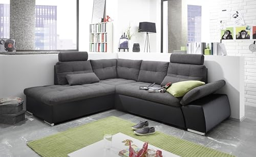 Stella Trading JAKARTA Ecksofa mit Schlaffunktion und Stoffbezug, Schwarz / Lava - Ausziehbares Schlafsofa mit steckbaren Kopfstützen & Kissen - 260 x 103 x 219 cm (B/H/T) Links