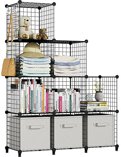 HOMIDEC 9 Cube Storage Unit, DIY Wardrobe Closet Cabinet Bookcase Bookshelf, Space Saving Metal Mesh Grid Wire Storage Shelves Organizer for Office/Living Room/Kitchen/Bathroom