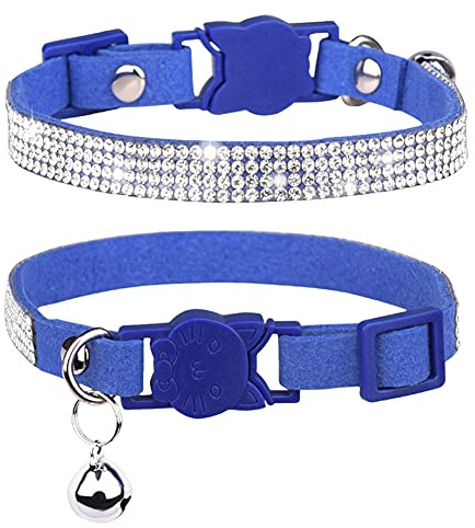 FUNAT Katzenhalsband mit Strasssteinen mit Glocke, Mikrofaser Weiches und bequemes Katzenhalsband, Katzenhalsband mit Katzenkopf-Sicherheitsschnalle
