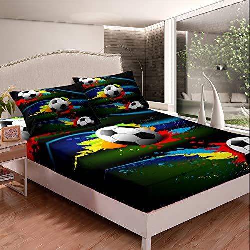 Juego de Cama de fútbol con Tema de Deportes, Juego de sábanas para niños, Adolescentes, Pelota de fútbol, sábana Bajera, Juegos competitivos, Funda de Cama Colorida de 3 Piezas con 2 Fundas de almoh