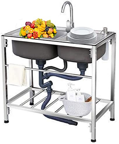 Fregadero Cocinafregadero Cocina Un Seno Con Escurridor 2 Senosfregadero De Acero Inoxidable Independiente Con Soporte, Altura De Pata Ajustable,304-75x40x75cm