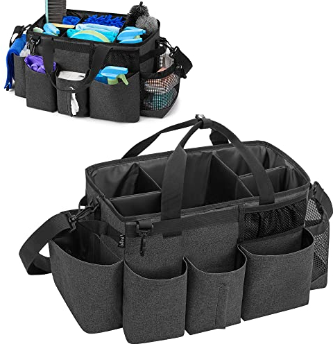 LoDrid Tote Reinigungstasche mit 4 faltbaren Trennwänden, Tragbarer Reinigungsmittel Organizer mit Seitlichen Griffen und Schultergurt, Schwarz, nur Tasche