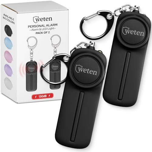 WETEN Safety Siren Personal Keychain Alarm for Women Protection – 2 Pack Self Defense Safe Sound Alert with Flashlight – Loud 130dB Emergency Security Key Chain by (Black&Black) | LED Light, Panic Pin, Self-Defense Device, Emergency Whistle Alternative for College, Travel, and Night Walk Protection