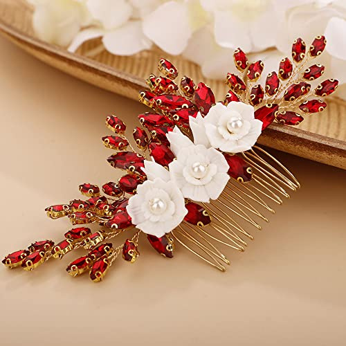 Chargances Braut Hochzeit Weiße Blume Haarkamm Roter Kristall Haar Seitenkamm Mode Strass Kopfschmuck für Hochzeit Abschlussball Festival Brautjungfer Haarschmuck für Frauen und Mädchen (Rot)