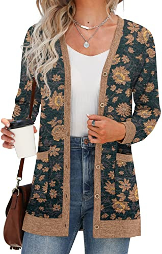 GRECERELLE Cardigan Donna Lungo Golfino Manica Lunga Elegante Comodo Apertura Frontale Bottoni Tasche Maglione Leggero Scollo a V (Verde Aster, L)