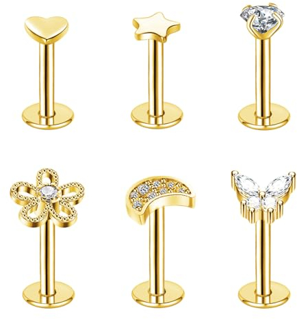 Besyvvin 6er Lippenpiercing Labret Stecker 1,2mm Chirurgenstahl Piercing Lippe Helix Tragus Knorpel Steckers 6mm Silber Gold