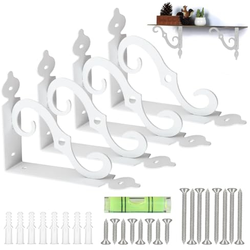 4 Stück Regalhalterung Weiß, 14cm x 11cm Regalhalterung Vintage, Gusseisen Regalwinkel, Regalhalterung Rustikal mit Schrauben, Schwerlastträger Wandkonsole für Wandhalterung, Garten, DIY Dekoration