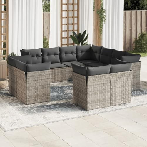 ULUYYUC 11-TLG. Garten-Sofagarnitur, Gartenmöbel Set Eckbankgruppe Bodensofa Ecksofa Geeignet für Hinterhof Außenbereich Garten Balkon mit Kissen Grau Poly Rattan