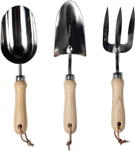 Juego de herramientas de jardín – Juego de 3 piezas de acero de alto carbono con pala, tenedor y tijeras para jardinería – palas, rastrillo, tijeras de podar incluidas
