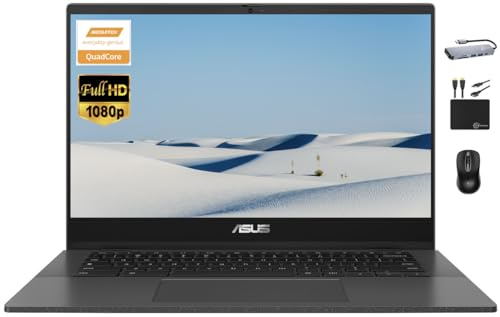 ASUS Laptop Chromebook 2024, pantalla FHD de 14 pulgadas, procesador MediaTek Kompanio 520 de 8 núcleos, 4 GB de RAM, 128 GB de almacenamiento (eMMC de 64 GB + tarjeta de 64 GB), cámara web, WiFi 6,