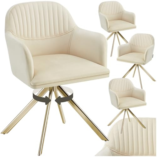 tectake® 4 x Esszimmerstuhl drehbar, Armlehnstuhl drehbar, ergonomischer Stuhl Samt, Stühle für Esszimmer, Möbel für Wohnzimmer, Arbeitszimmer, Esstisch, Schminktisch - 4er Set - Creme/Gold