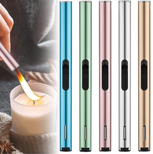 5 accendini a stelo con fiamma morbida, Metaaccendino, 5 colori, 20 cm, accendino elettrico a gas, ricaricabile, per cucina, campeggio, barbecue (senza gas)