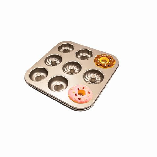 Gurlideo Stampo per ciambelle, 9 cavità, 3 forme, antiaderente, in acciaio al carbonio, per ciambelle, muffin, cupcake, oro