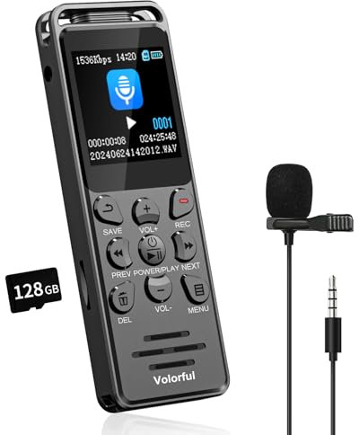144GB Diktiergerät Digital 70 Std Aufnahmegerät, Volorful 1,44 Farbbildschirm Voice Audio Recorder, MP3 Player, USB-C Diktiergeräte mit Spracherkennung/Wiedergabe für Meeting Interview Vortrag