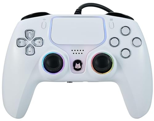 NBCP Controlador de PS5 con cable – Controlador de juegos para PlayStation 5, PS4, PC/Steam, Turbo y disparador de efecto Hall lineal, vibración dual, conector de audio de 3.5 mm, color blanco