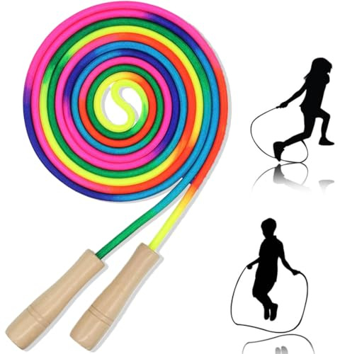Cuerda de saltar para niños y niñas,Comba de 500 cm, Cuerda De Saltar ArcoíRis Para Niños, Comba de saltar Ajustable con mango de madera,Regalo Ideal Para Cumpleaños Del Niño