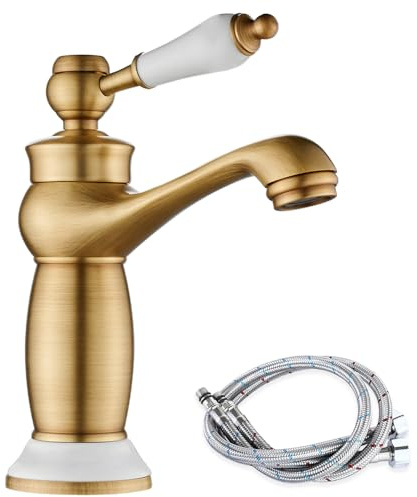 Retro Bathroom Sink Tap, Victorian Bathroom Basin Mixer Tap, Antique Brass | Luxury Vintage Faucet for Cloakroom, Ceramic Handle & Base, Flexible Tails