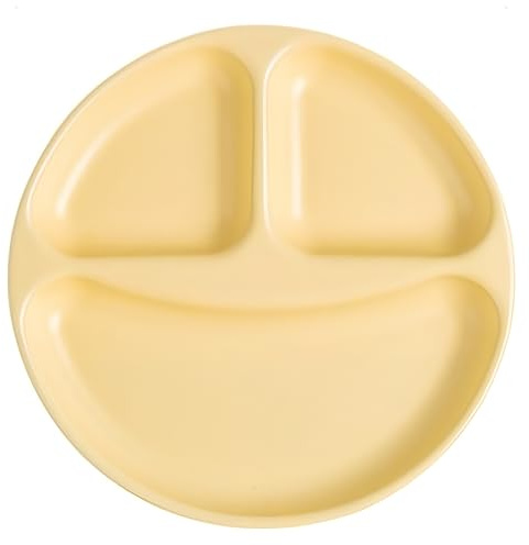 Keramik Teller mit Unterteilung - 20,5cm/8,07in runde gelbe Platte mit Smiley-Design, geeignet für Kinder, Studenten, Fitnessbegeisterte und Gewichtskontrolle,Ofen- und mikrowellengeeignet