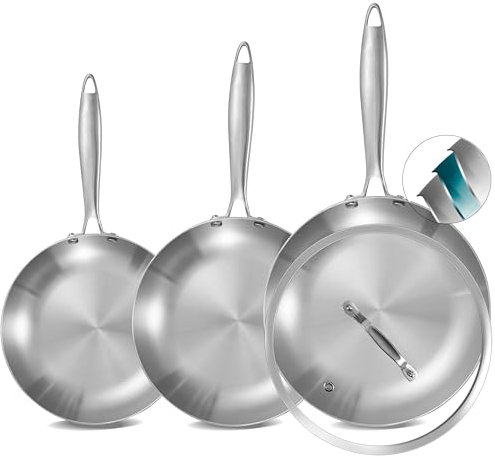 Inqibee Set di 3 Padelle in Acciaio Inox a Tre Strati con Coperchio, Padelle, Set di Pentole a Induzione, Lavabili in Lavastoviglie e in Forno, con Coperchio da 20-24-28 cm