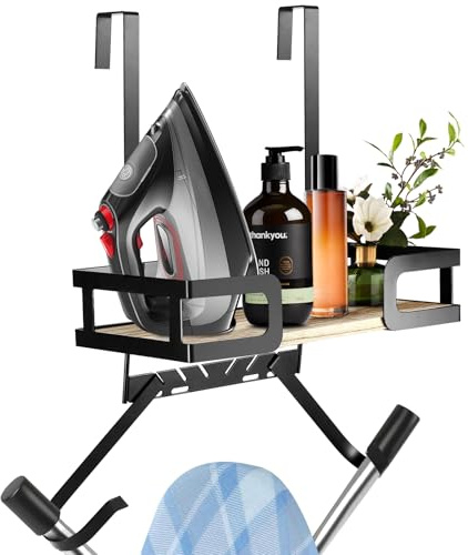 AIWMQYYF Ironing Board Hanger with Storage Basket and Removable Hooks | Wall Mount Iron Holder, Over The Door Board Storage Holder for Laundry Room Iron and Ironing Board Caddy Storage Holder