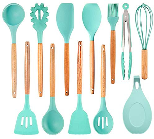 utensilios de cocina set， Utensilios de cocina sin silicona con mango de madera y caja de almacenamiento.