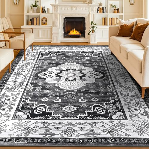 Enyhom Teppich Wohnzimmer 200 x 290 cm Großer Schlafzimmer Waschbarer Teppich Vintage Kurzflorteppich rutschfest Weich Flauschig Teppiche für Wohnzimmer Esszimmer Büro Küchen, Dunkelgrau Grau