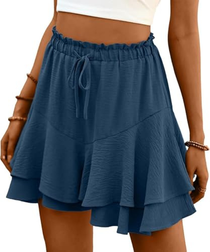 ABINGOO Pantalones Cortos Mujer Verano Color Sólido Minifalda Casual Elástica Cintura Alta Shorts Doble Volante Bermudas y Cordón(Azul,S)