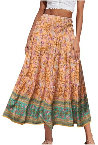 Mrat Women's Maxi Skirts Vintage Floral Bohemian Skirts A Line Swing Elastic High Waist Skirt Summer Casual Boho Tiered Skirt Jersey Dress Beach Travel Holiday Party UK 10 12 14 16 s
