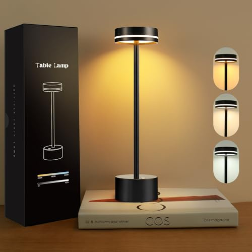 VKH Lámpara de noche LED sin cable de metal color negra, 3 modos de luz, control táctil y carga USB-C, lámpara de mesa moderna para dormitorio, salón, oficina o mesa de comedor