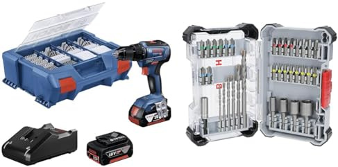 Bosch Professional 18V System Akku Bohrschrauber GSR 18V-55 (max. Drehmoment 55 Nm, 1.800 min⁻¹, inkl. Akku, Ladegerät) + 35x Extra Hard Schrauberbit‑ und CYL-3 Bohrer-Set, 35‑tlg. (197 x 110,5 mm)