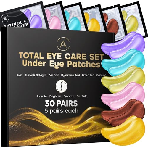 AURAE Variety Under Eye Gel Patches (30 Pairs) - Masks for Puffiness, Dark Circles & Wrinkles - Collagen Eye Patches with Hyaluronic Acid, Green Tea, Rose, 24K Gold and Retinol