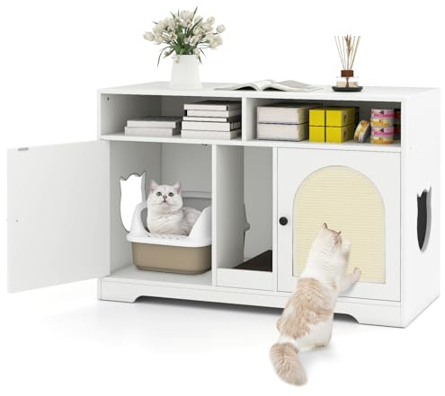 GOPLUS Mueble para Bandeja de Gatos, Armario para Bandeja de Interior, Caseta para Gatos, 2 Tapetes Rascadores de Sisal y Rascador, 2 Entradas, Compartimentos Abiertos y Armarios, 101,5 x 40 x 180 cm