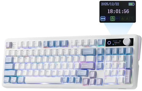 EPOMAKER TH99 Pro Clavier Mécanique 96% avec Écran&Bouton, 10000mAh, RVB | 2.4Ghz/BT, Hot Swap, Custom Driver, Keycap PBT,Gasket, Clavier Gaming sans Fil pour PC/Mac,QWERTY (Blanc, Sea Salt Silent)