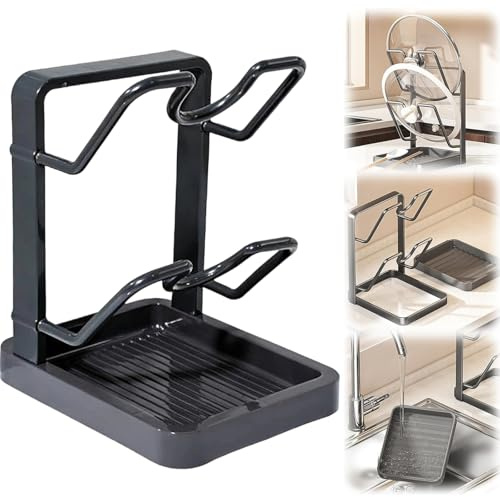 Kitchen Pot Lid Storage Rack With Removable Drip Tray, Pot Lid Holder While Cooking & Spoon Rest, Multifunctional Pot Lid Organizer for Kitchen Countertop Storage (Double-layer)