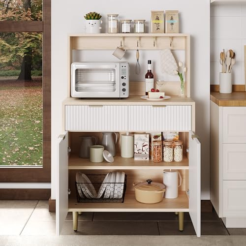 Garvee Aparador Moderno Acanalado con Espacio De Almacenamiento, 2 Cajones y Estantes Ajustables, Consola De Madera para Comedor, Cocina, Sala De Estar y Entrada, Mueble Bar Alto