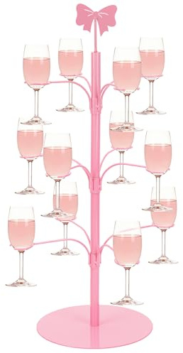 3-Tier Cocktail Tree Stand, 12 Slots Metal Wine & Champagne Glass Holder with Party Topper – Cup Organiser for Birthday, Wedding, Graduation & Holiday Decor (Pink Bow)