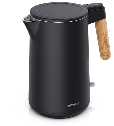 Arendo - Wasserkocher Edelstahl – 1,5 Liter - 2200 Watt – Doppelwand-Design – 360° Controller – BPA-frei – Überhitzungs- und Trockengehschutz - Schwarz Matt - GS geprüfte Sicherheit