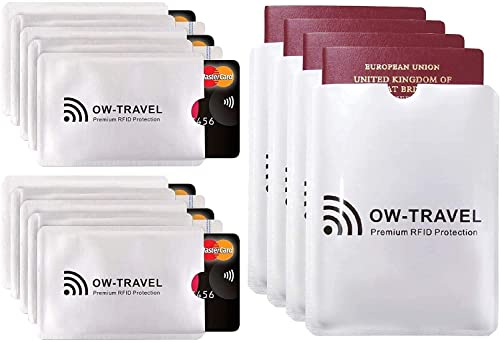 OW-Travel RFID Card Holder Protector Sleeves (10 Pack) Passport Cover (4 Pack) RFID Blocking Card Protector Sleeves for Contactless Cards. Slim Shielded Blocker Wallets for Men and Holders for Women