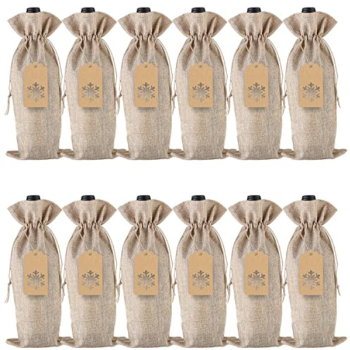 PIXHOTUL 12 Stück Jute-Geschenktüten mit Kordelzug für Weinflaschen, mit Anhänger und Seilen für Weihnachten, Hochzeit, Reisen, Geburtstag, Urlaubsparty
